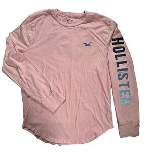 Hollister T-Shirt Women's L Long Sleeve Pink Logo Rounded Hemline Pink Coral